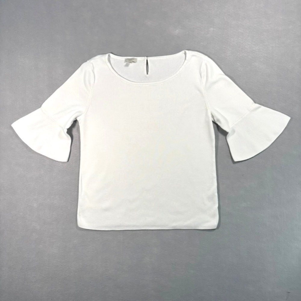 Talbots Women White Bell Sleeve Knit Top M Cotton Blend Workwear Minimalist Boho